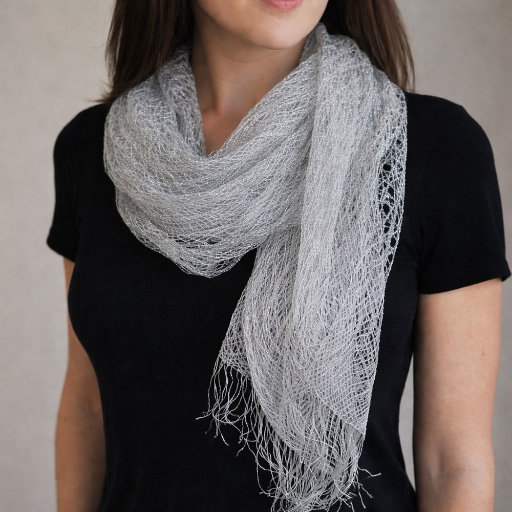 Silver Metallic Mesh Scarf Sheer Fringe Evening Wrap